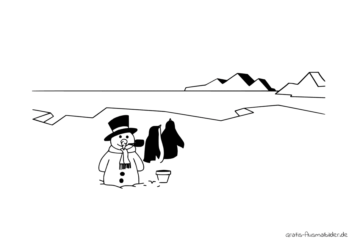 Ausmalbild Schneemann mit zwei Pinguinen