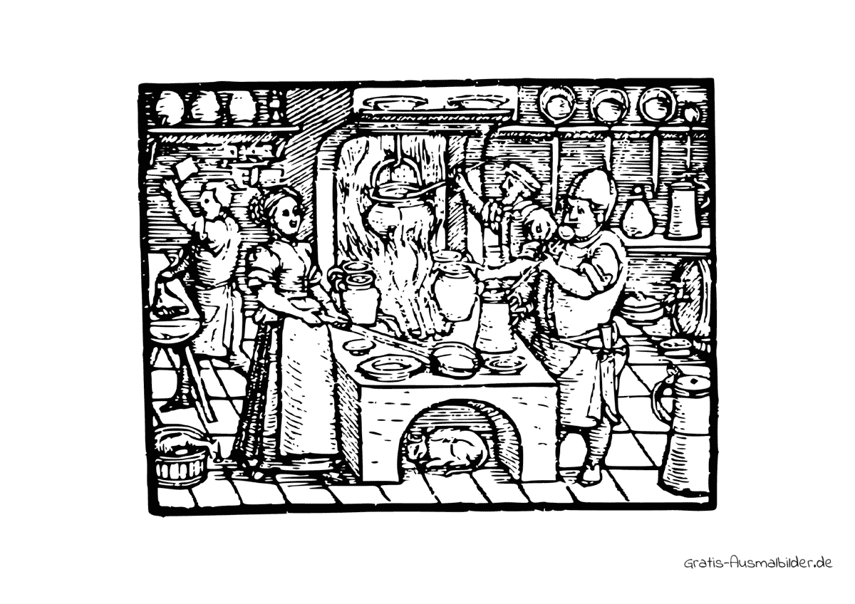 Ausmalbild Küche im Mittelalter