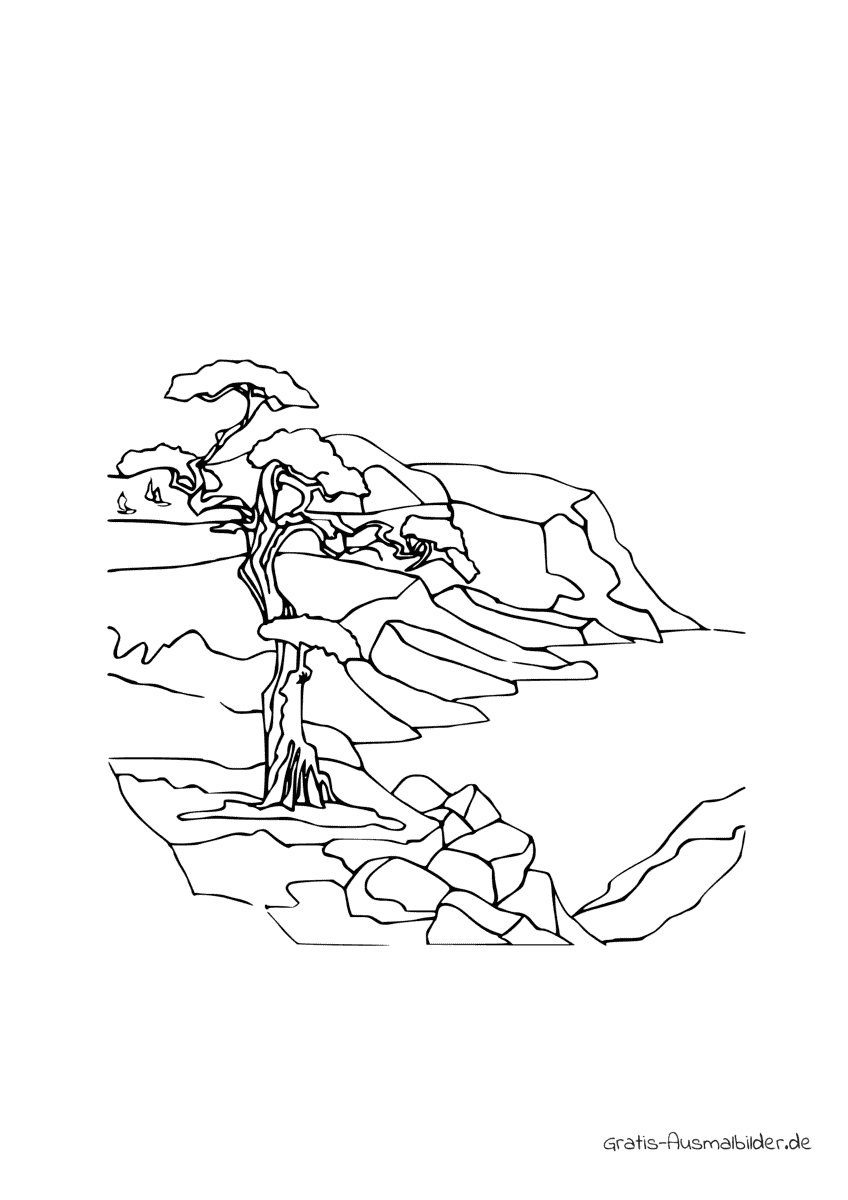 Ausmalbild Alter Baum am Meer