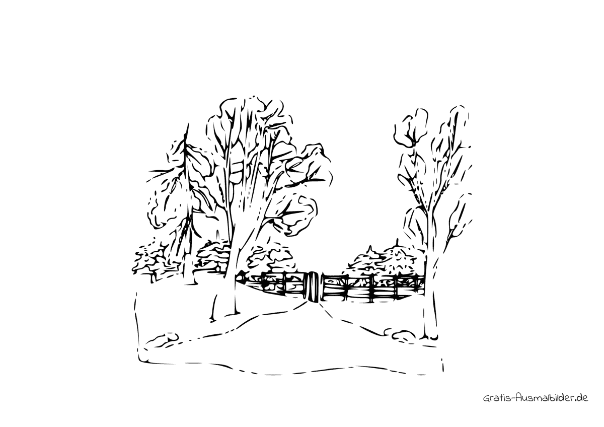Ausmalbild Bäume und Zaun