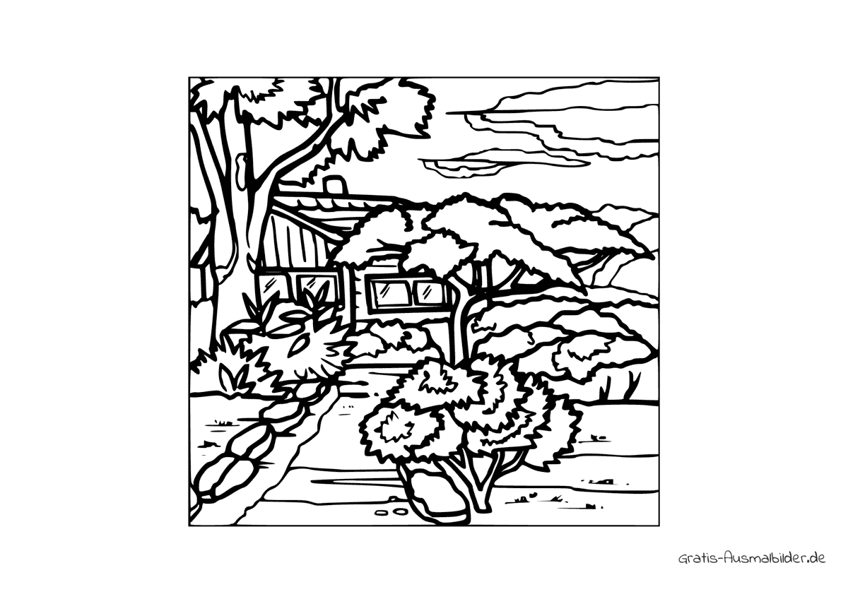 Ausmalbild Bauernhof mit Bäumen - Kostenlose Malvorlagen bei Gratis