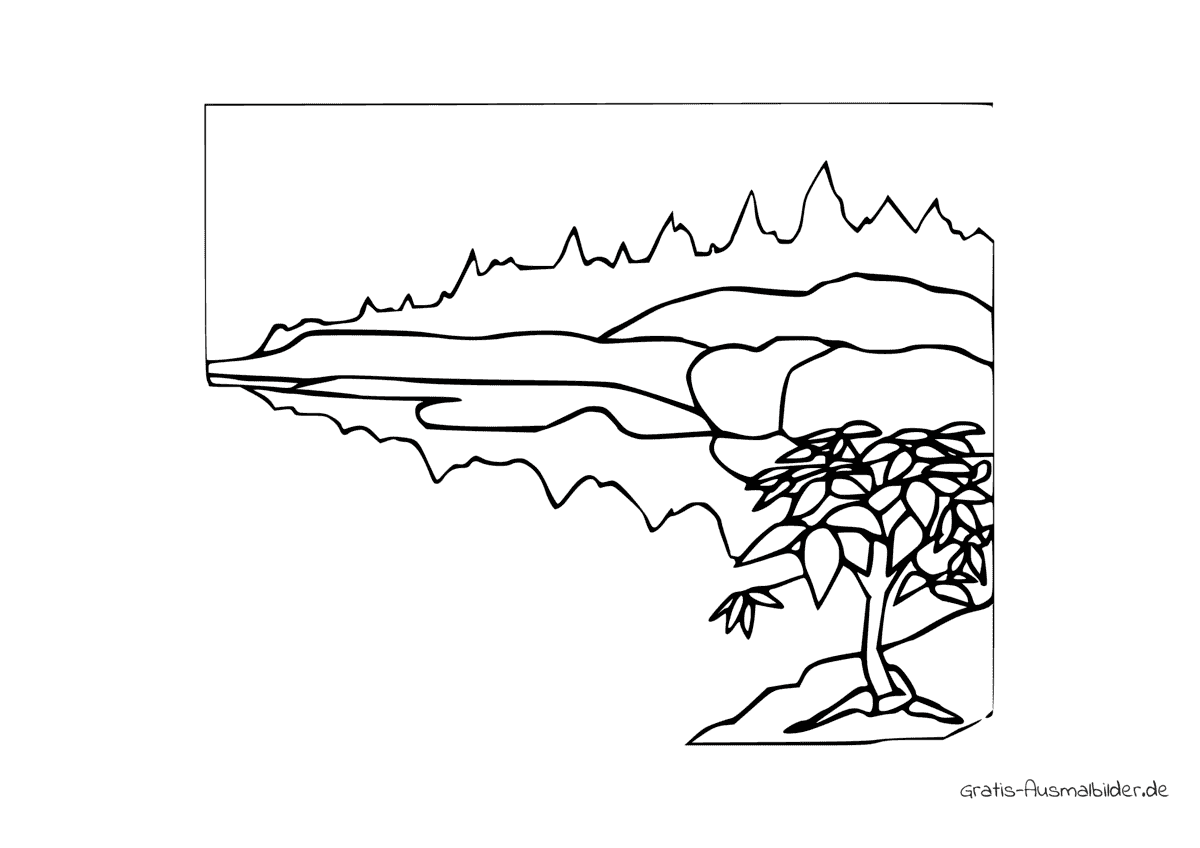 Ausmalbild Baum an Seelandschaft