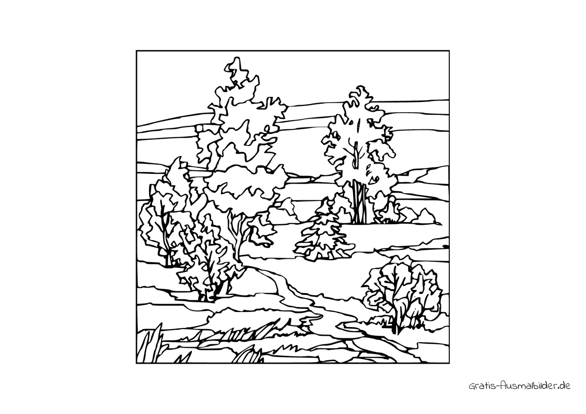 Ausmalbild Baum in einer Landschaft