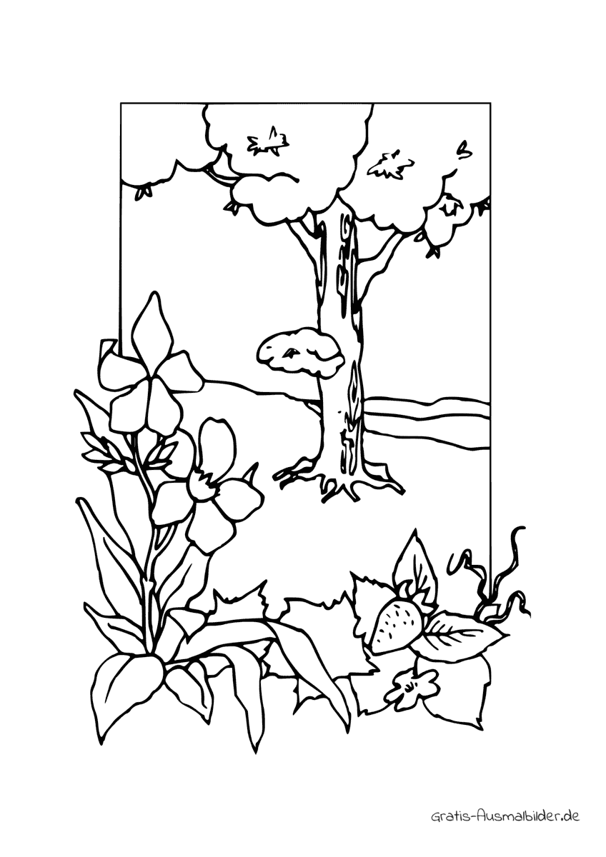 Ausmalbild Baum und Blümchen