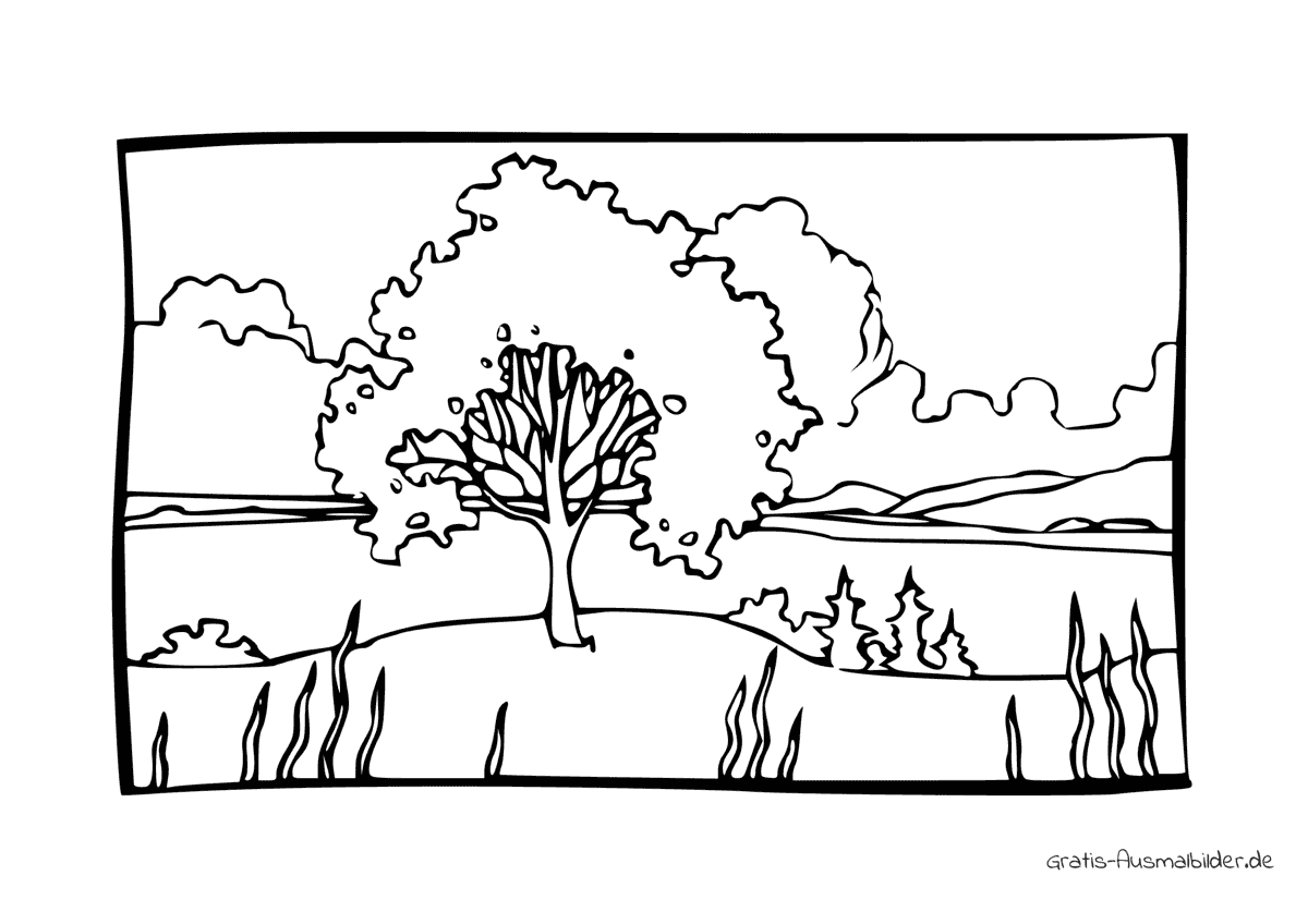 Ausmalbild Baum vor einem See