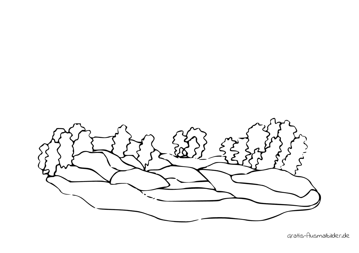 Ausmalbild Baumlandschaft mit Steinen