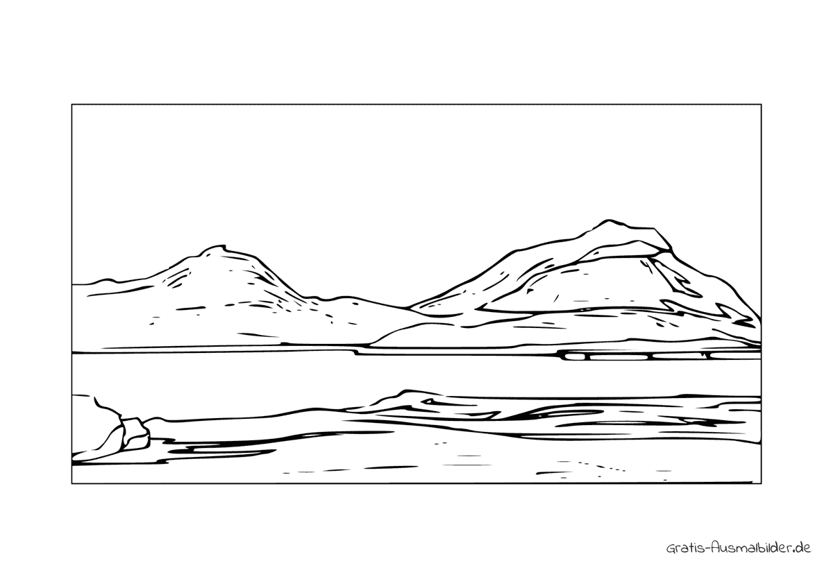 Ausmalbild Berge mit See