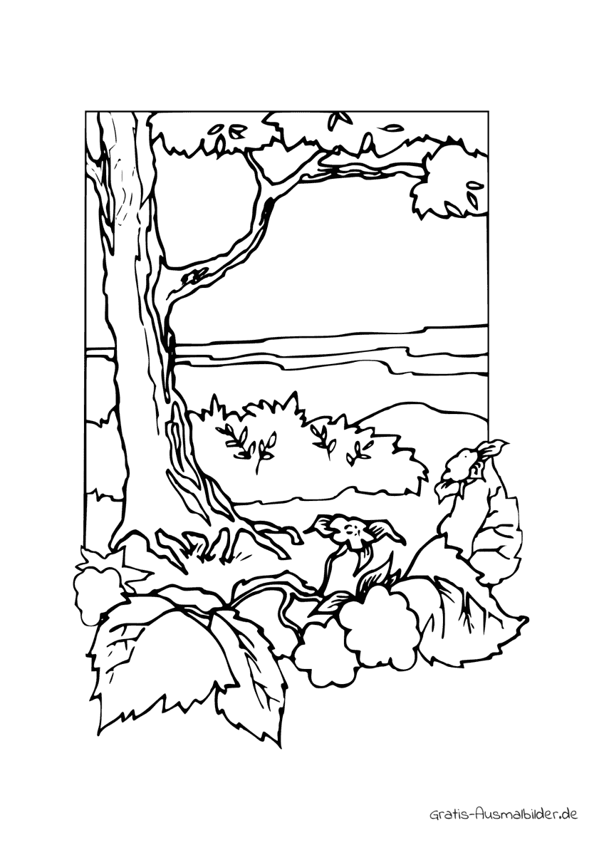Ausmalbild Blätter vor Baum