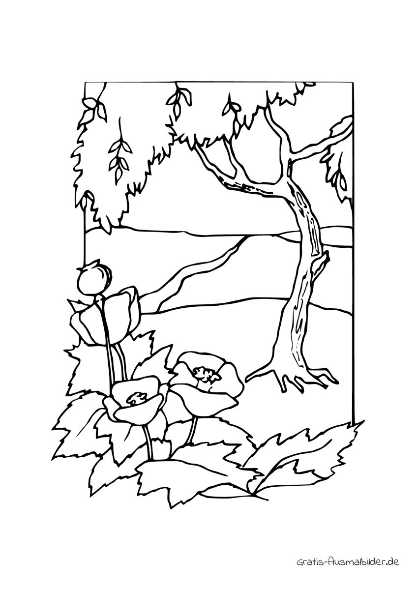 Ausmalbild Blümchen vor Baum
