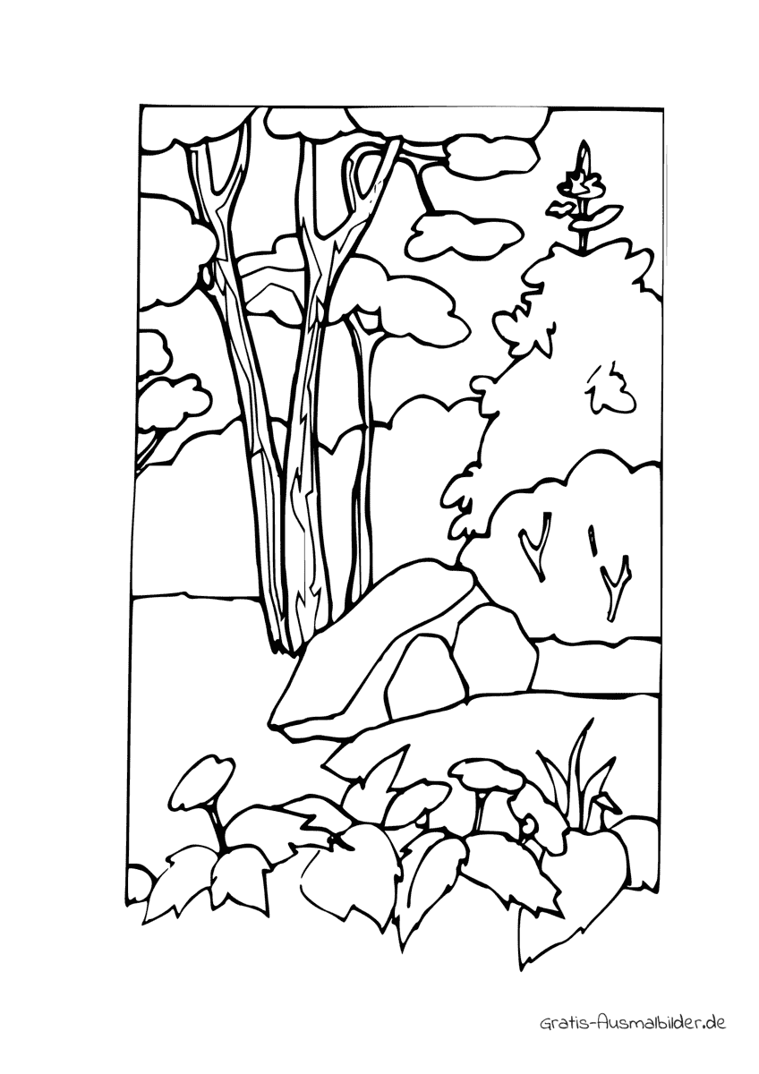 Ausmalbild Blumen und Stein vor Baum