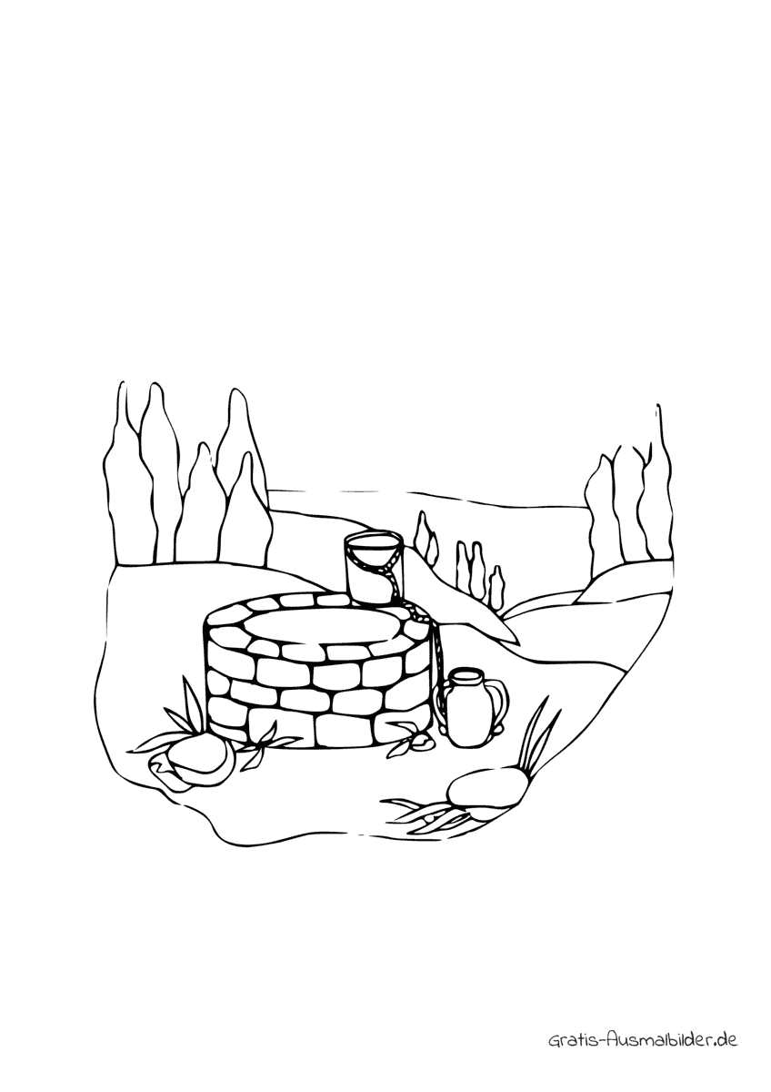 Ausmalbild Brunnen mit Eimer