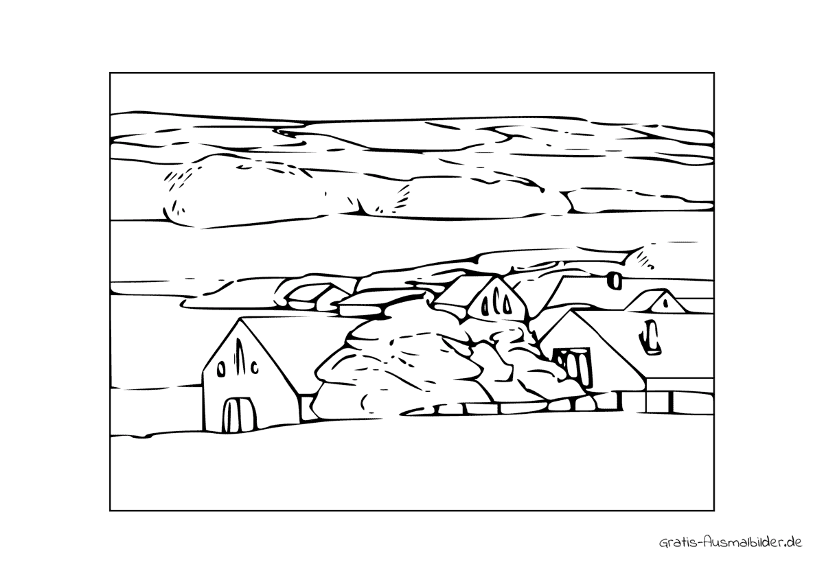 Ausmalbild Dorf aus der Ferne