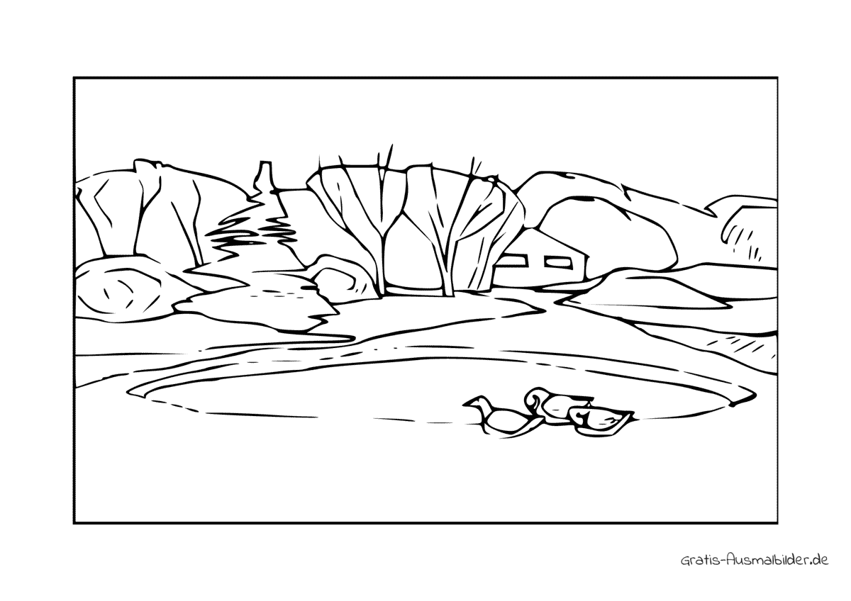 Ausmalbild Enten an einem Teich