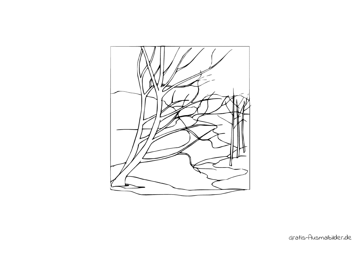 Ausmalbild Kahler Baum mit Fluss