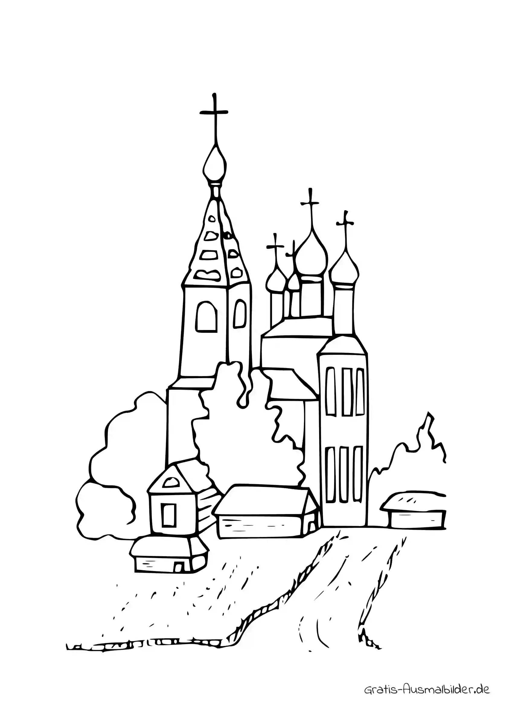 Ausmalbild Kirche mit vielen Türmen