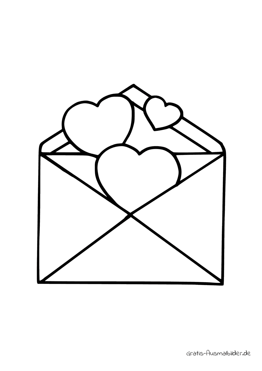 Ausmalbild Brief offen drei Herzen