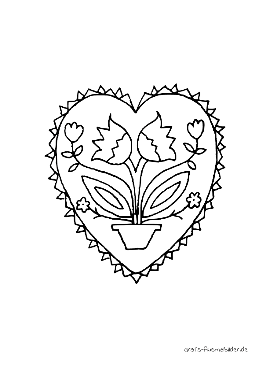 Ausmalbild Herz mit Topfblume - Kostenlose Ausmalbilder bei Gratis