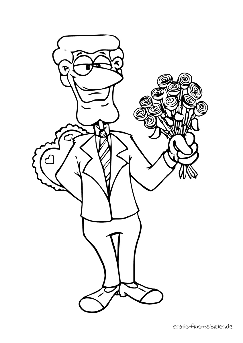 Ausmalbild Mann mit Blumen und Herz
