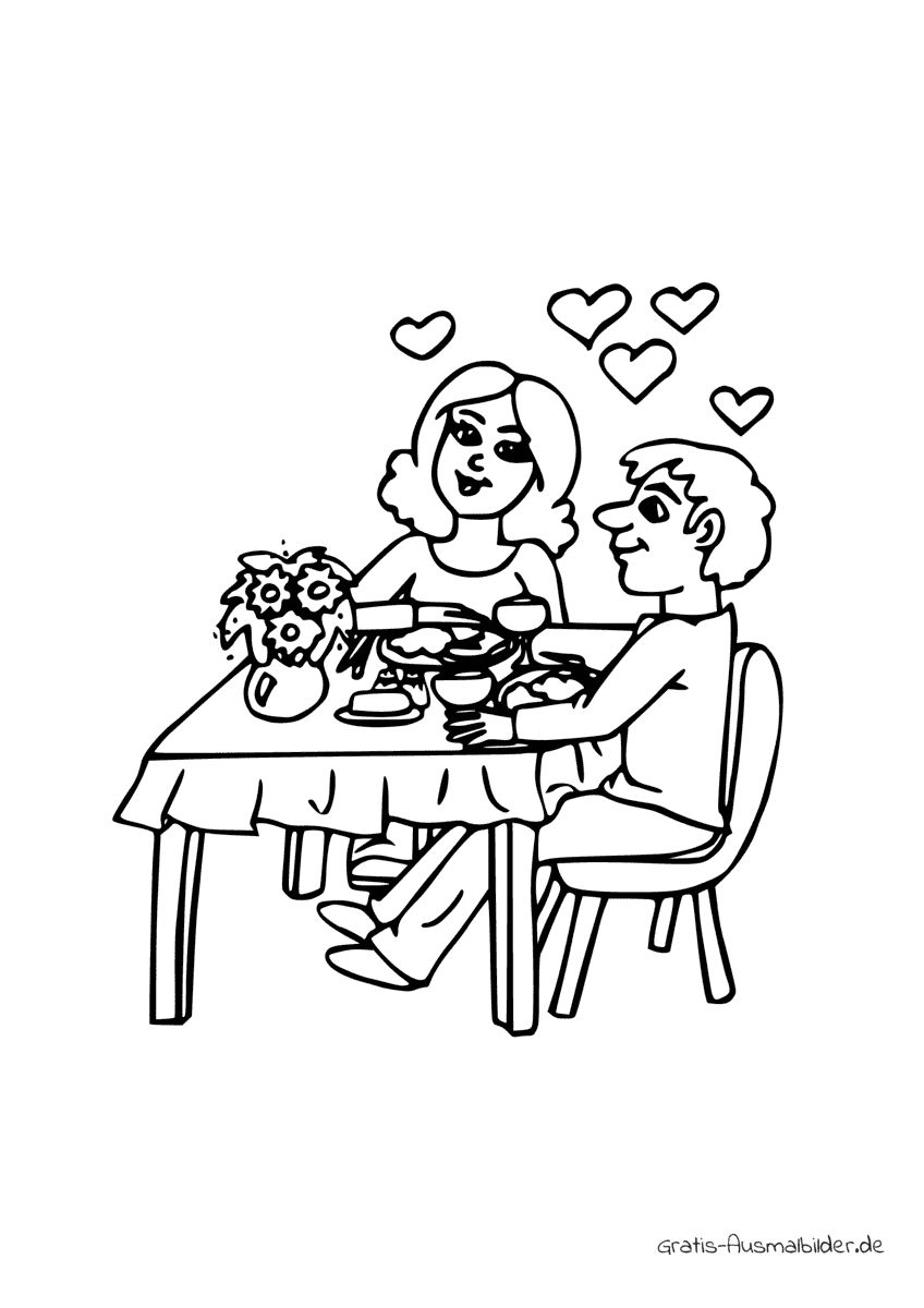 Ausmalbild Mittagessen Paar mit vielen Herzen