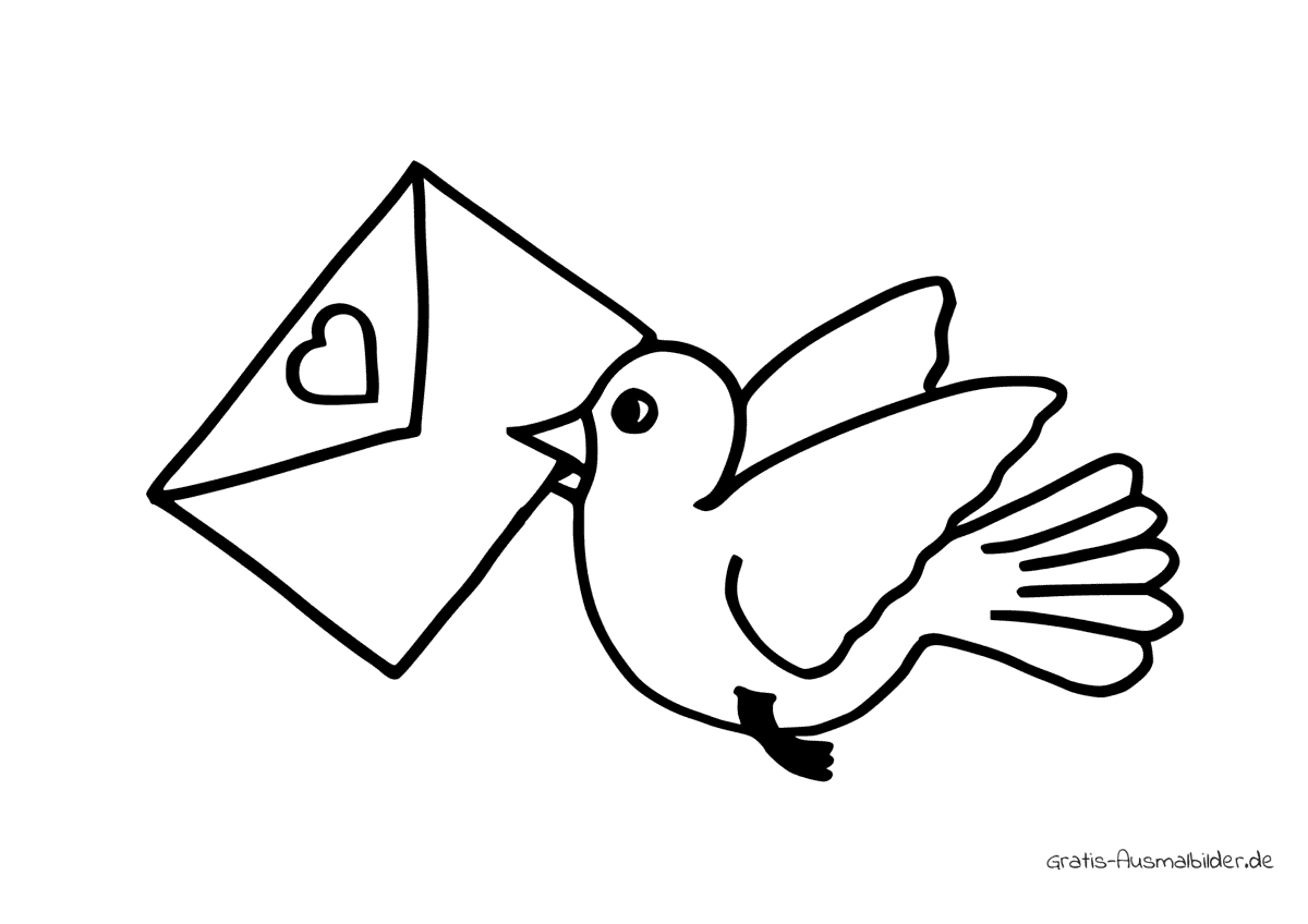 Ausmalbild Vogel mit Brief Herz