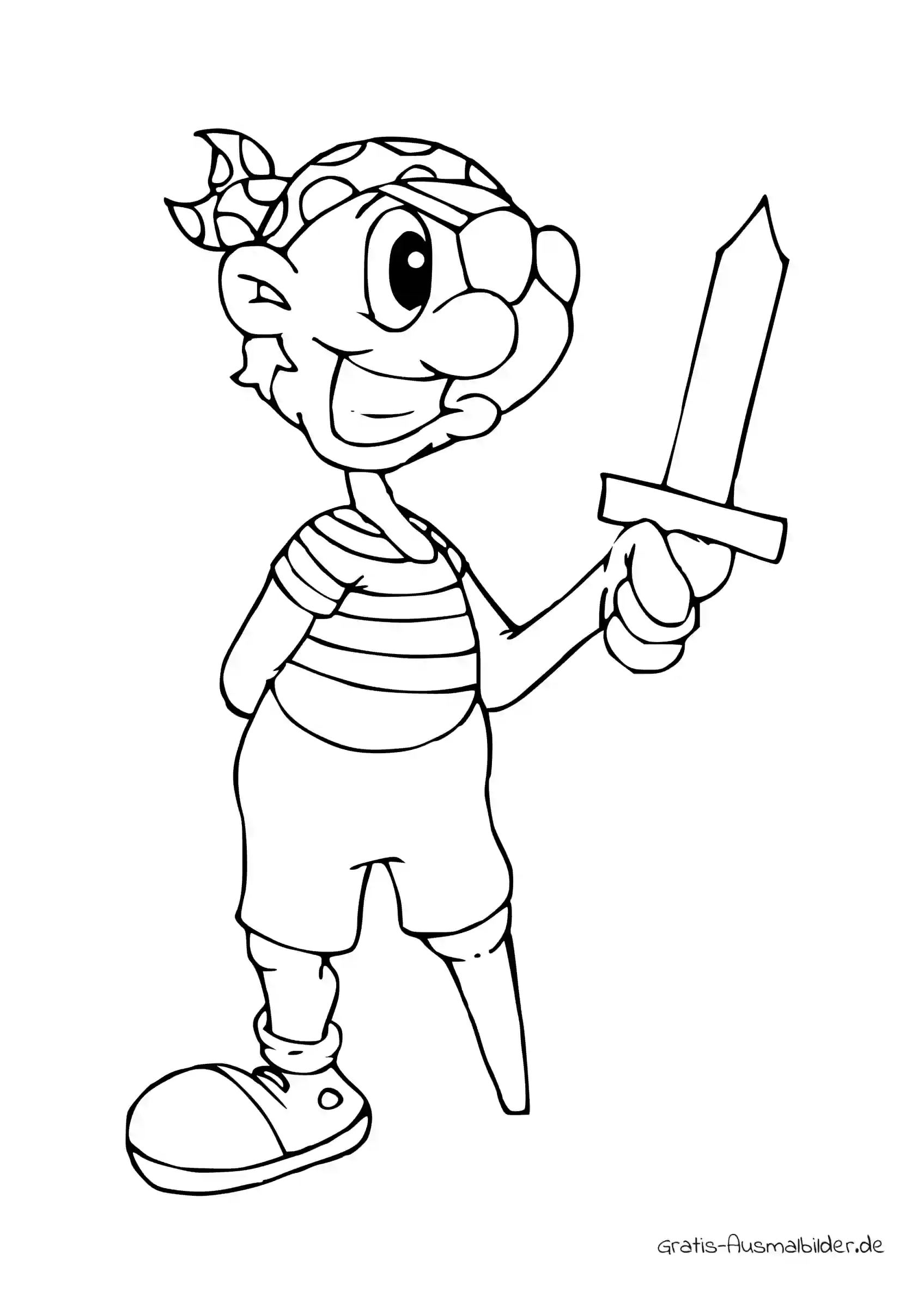 Ausmalbild Kleiner Pirat mit Holzbein und Schwert