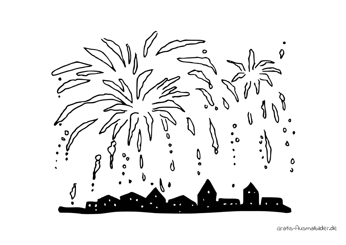 Ausmalbild Feuerwerk über einer Stadt