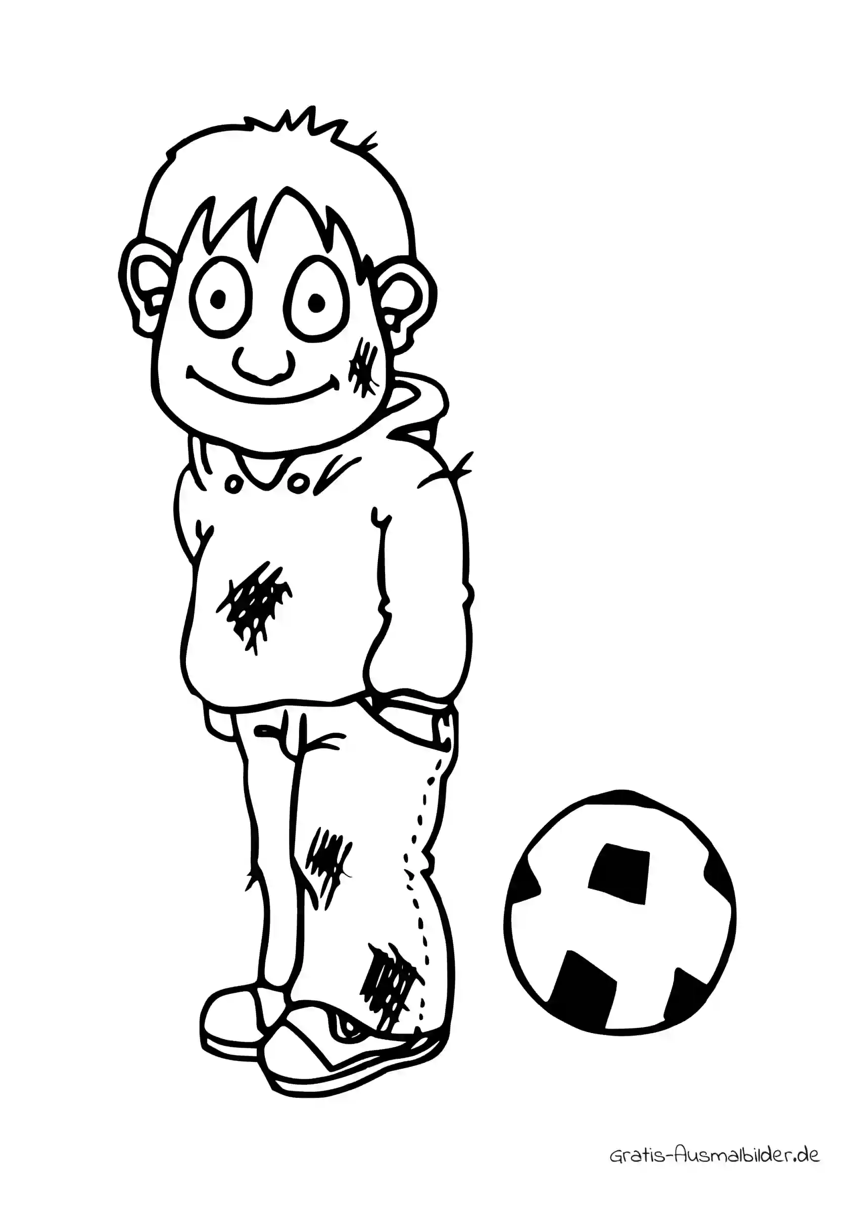 Ausmalbild Dreckiger Junge mit Fußball