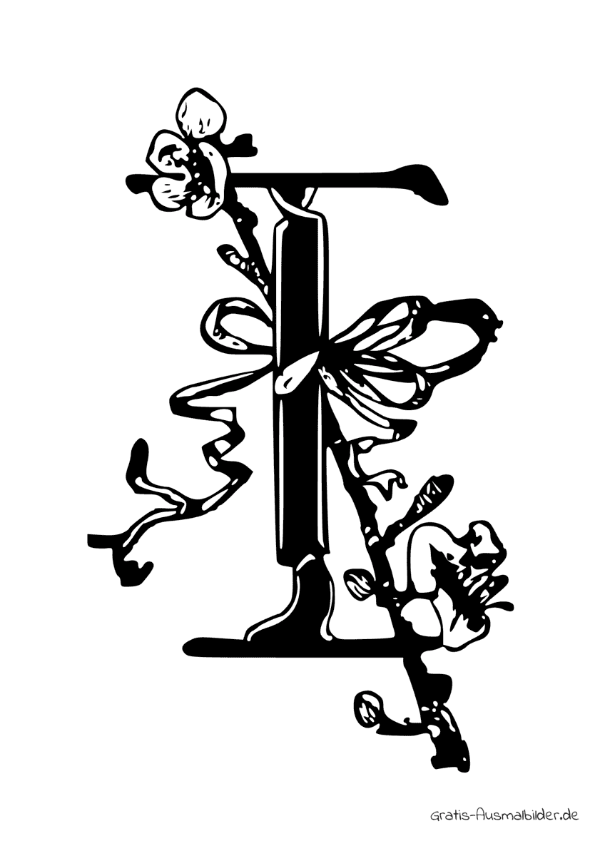 Ausmalbild T mit Blumen und Bänder