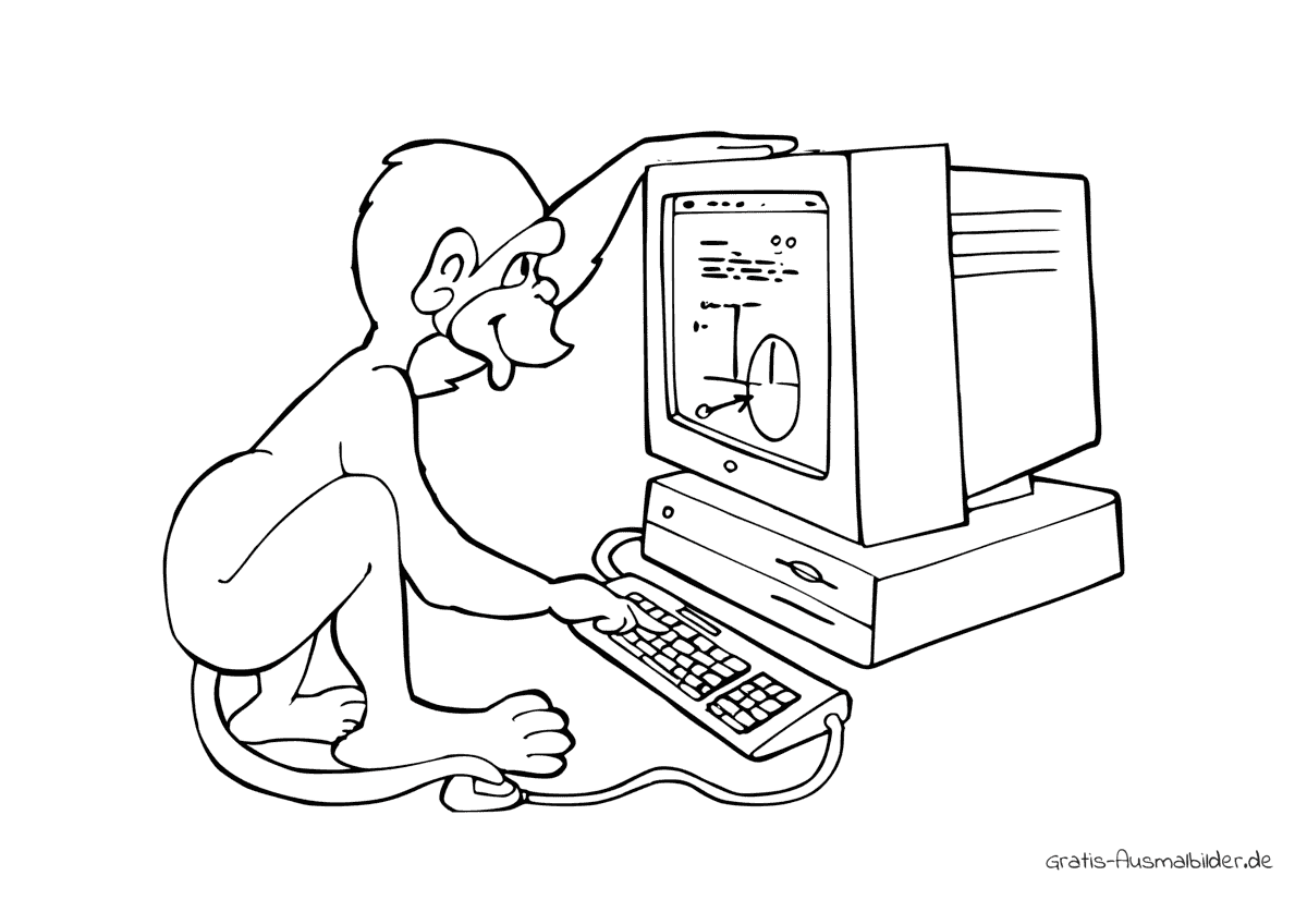 Ausmalbild Affe am Computer