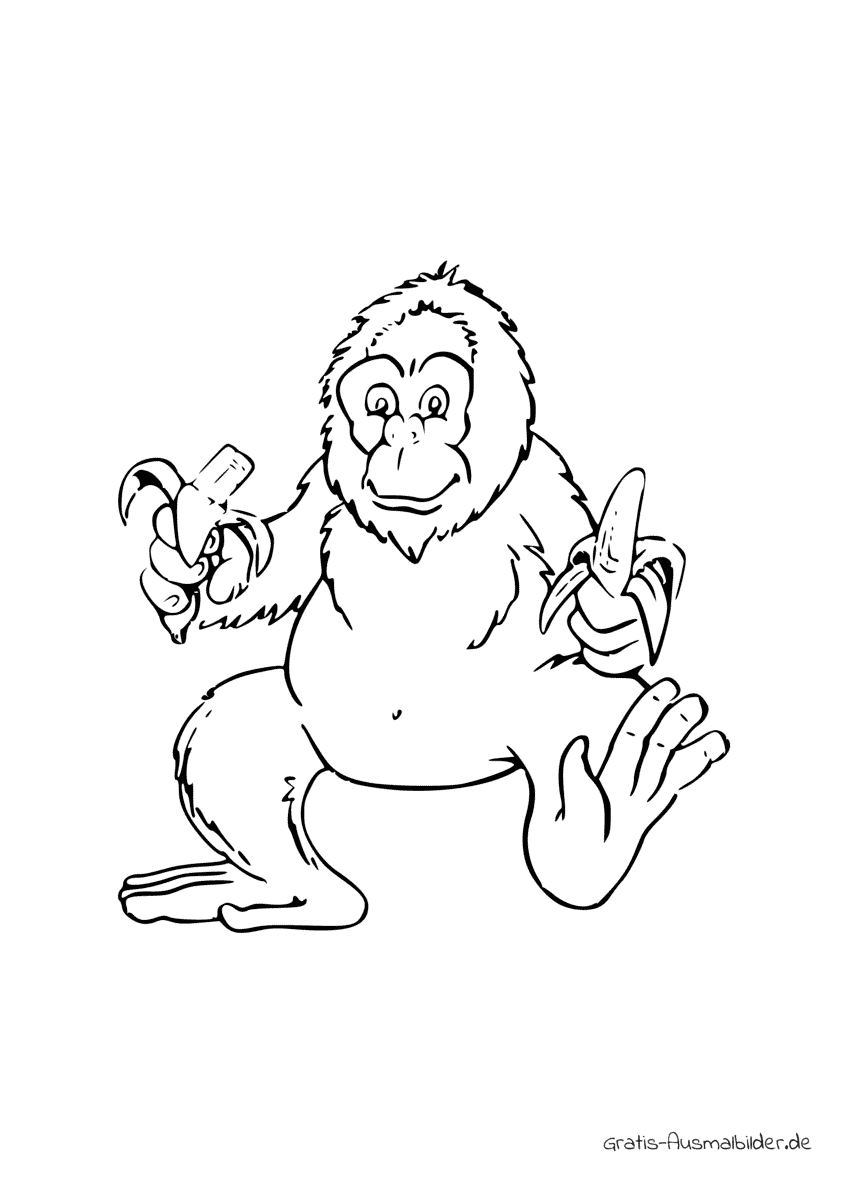 Ausmalbild Affe mit Bananen