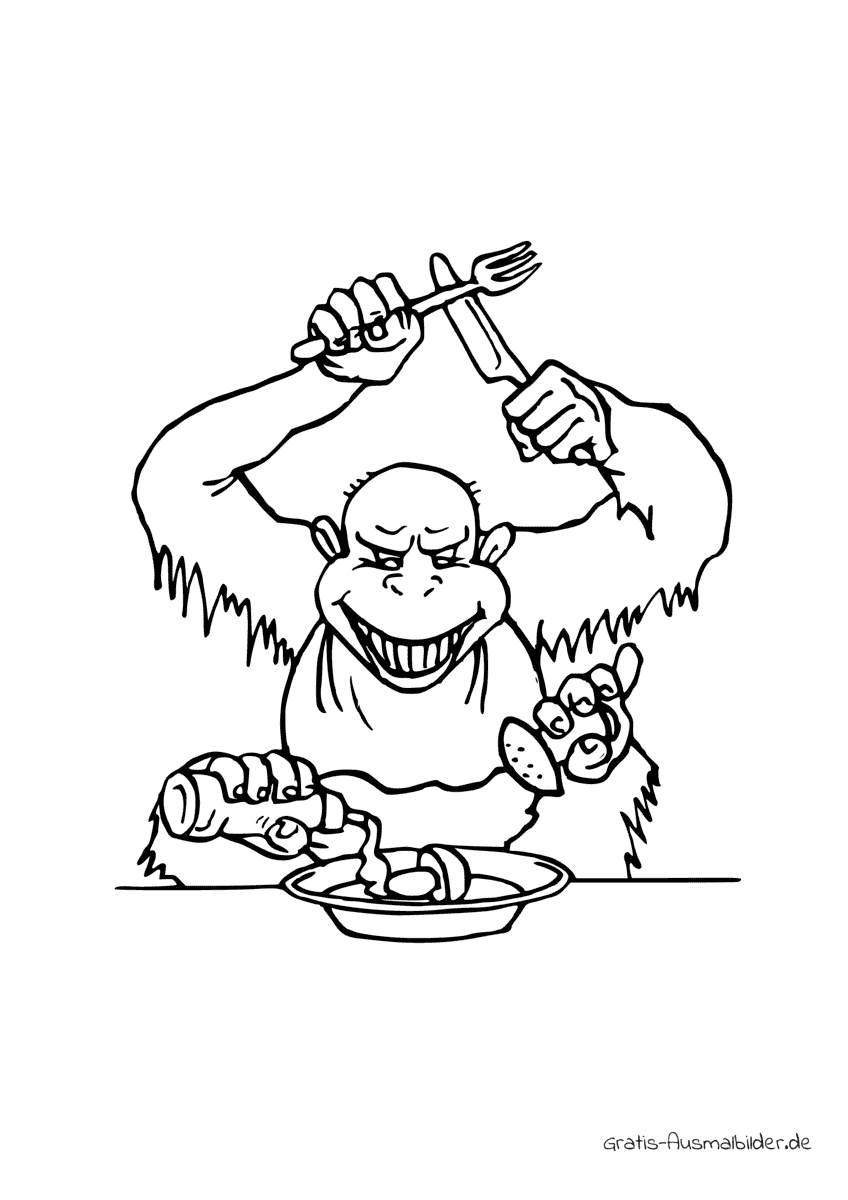 Ausmalbild Affe mit Besteck