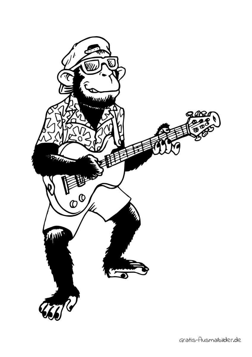Ausmalbild Affe mit Gitarre