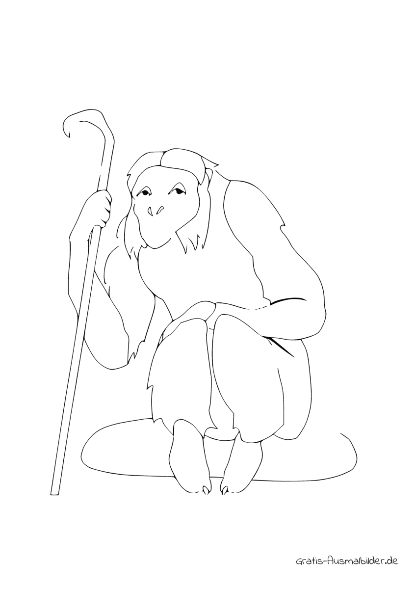 Ausmalbild Affe mit Stab