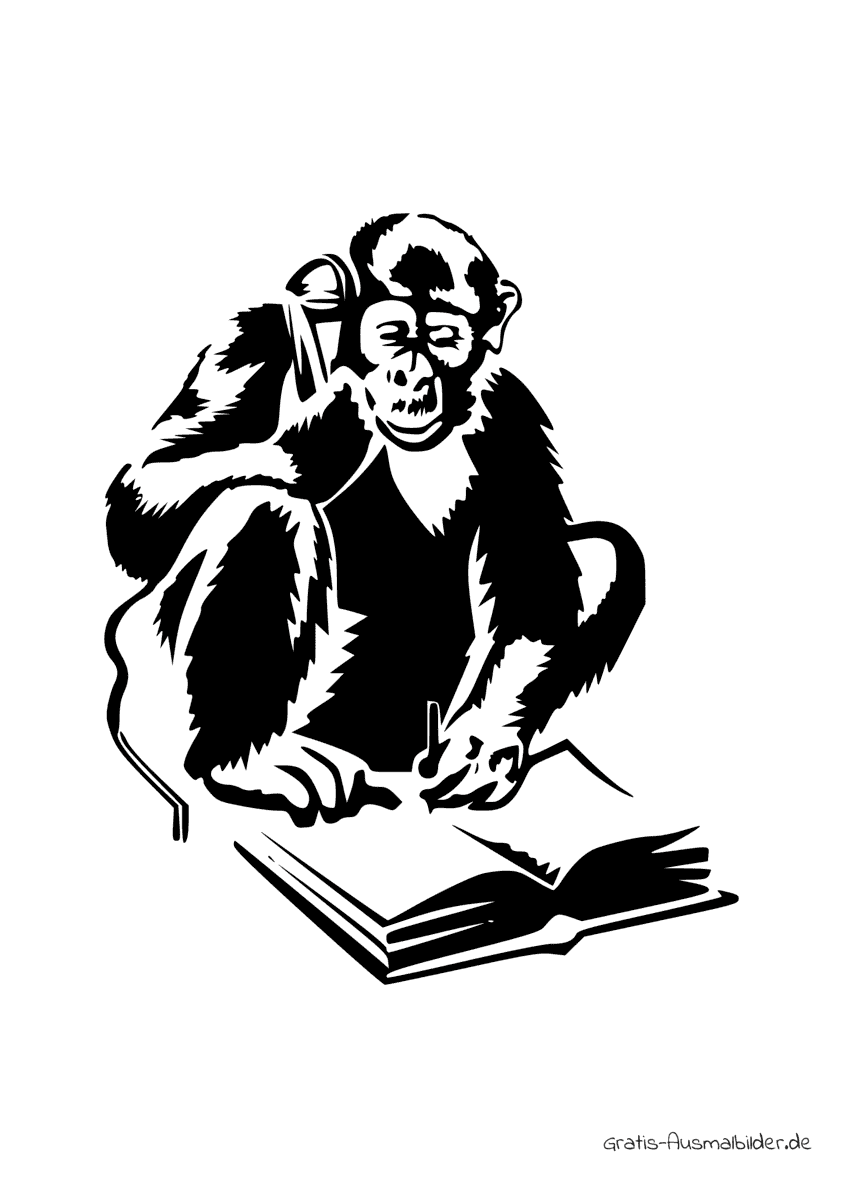 Ausmalbild Affe schreibt in Buch