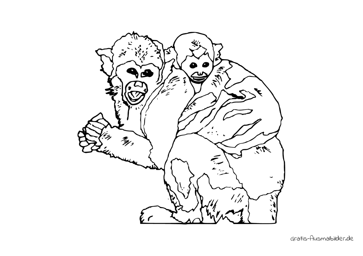 Ausmalbild Affenmutter mit Kind