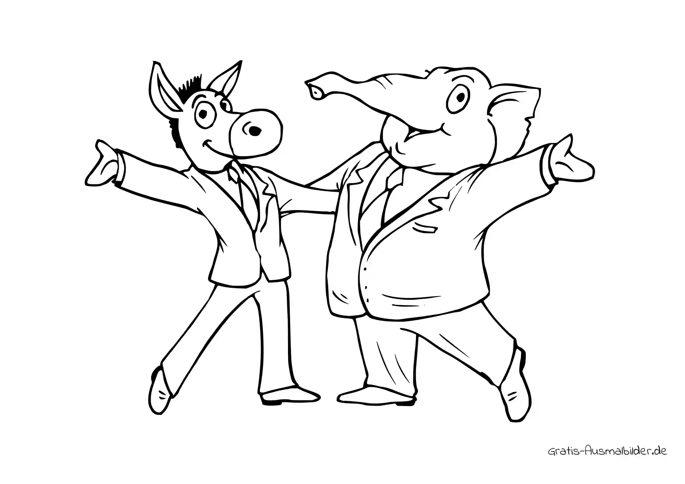 Ausmalbild Esel und Elefant im Anzug tanzen