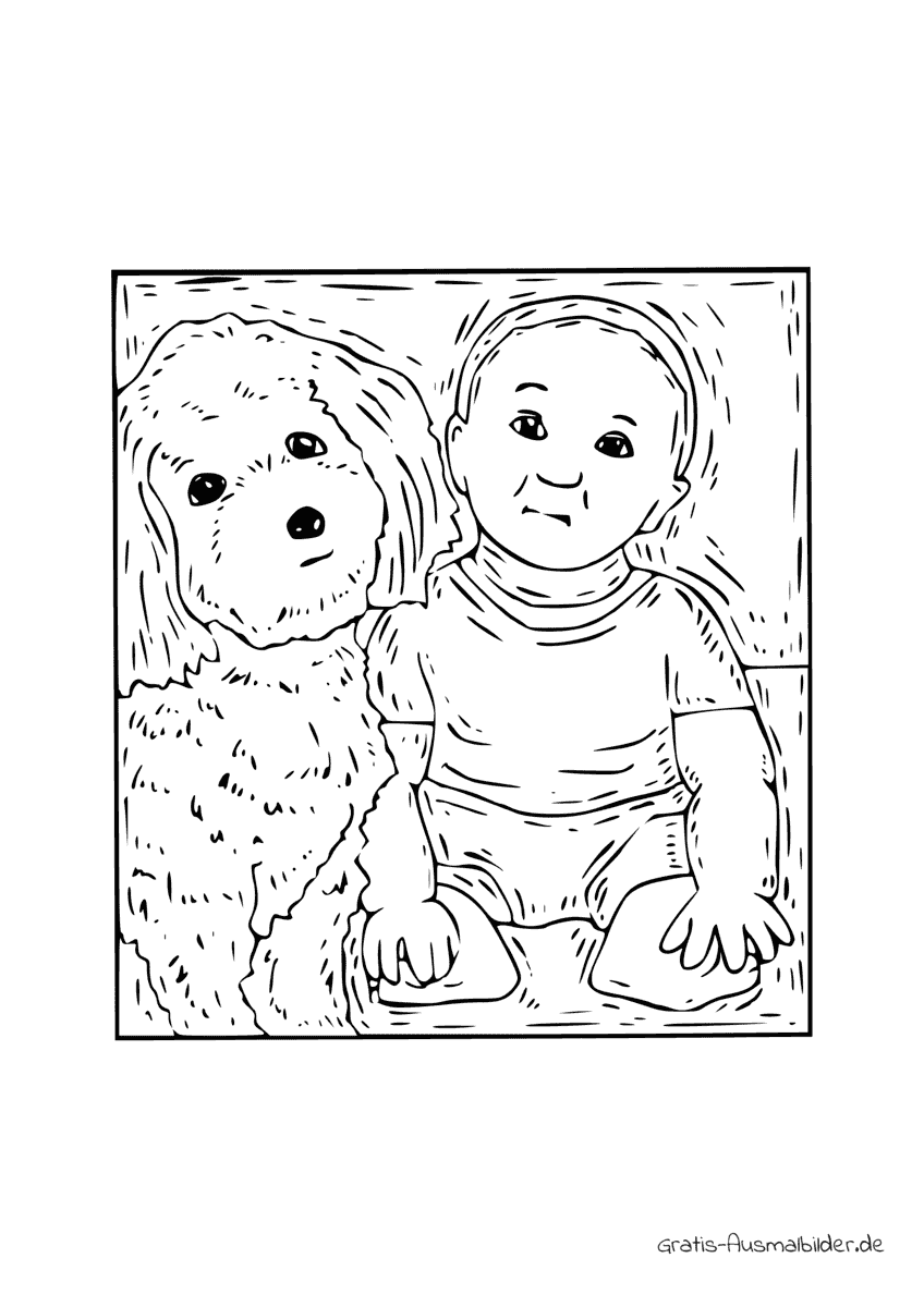 Ausmalbild Baby mit Hund