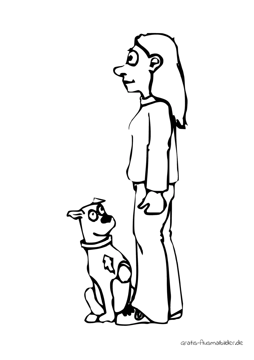 Ausmalbild Frau mit einem Hund
