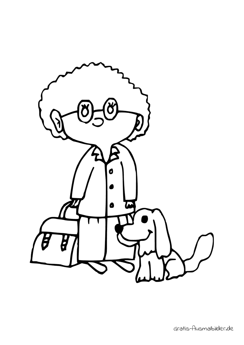 Ausmalbild Frau mit Tasche und Hund