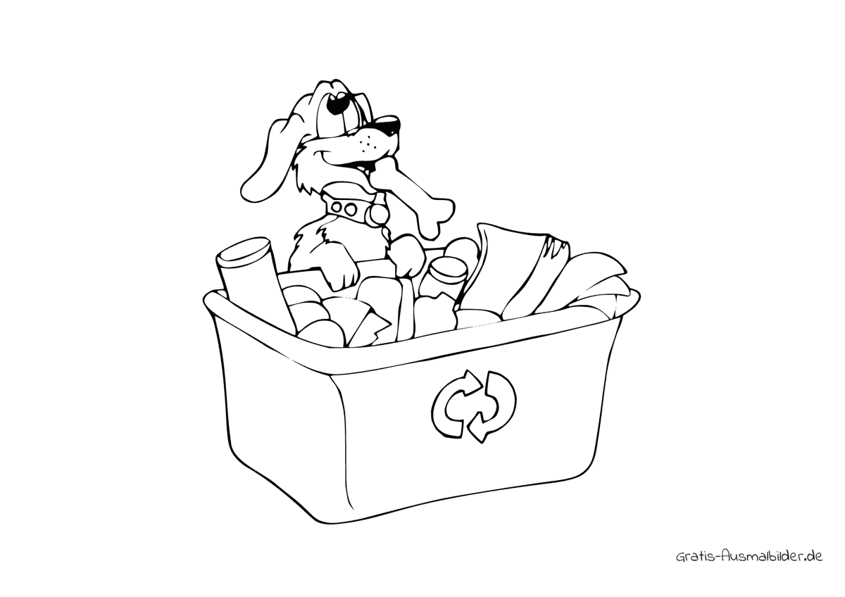 Ausmalbild Hund an einer Müllbox