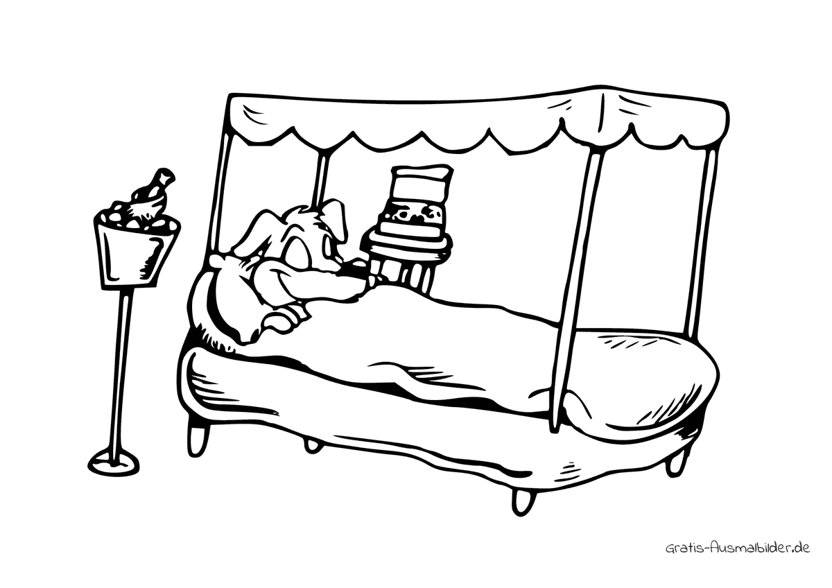 Ausmalbild Hund im Bett