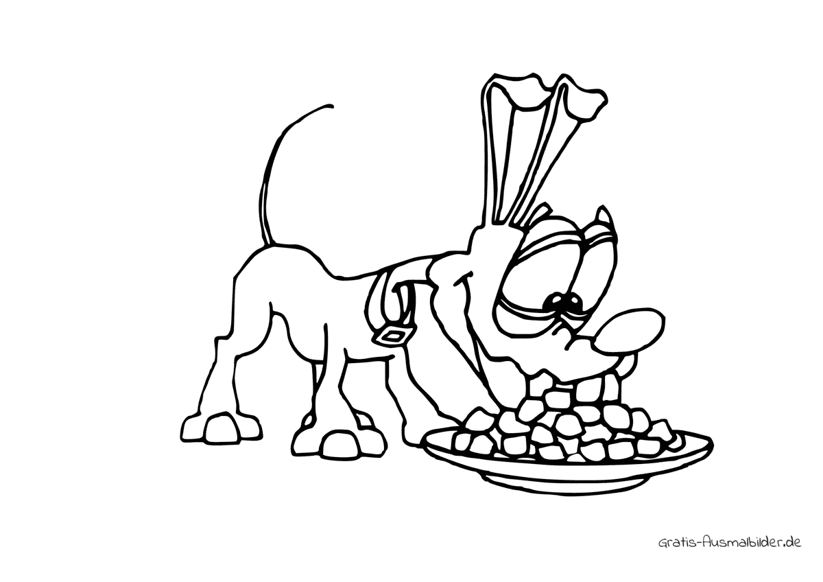 Ausmalbild Hund isst aus Fressnapf