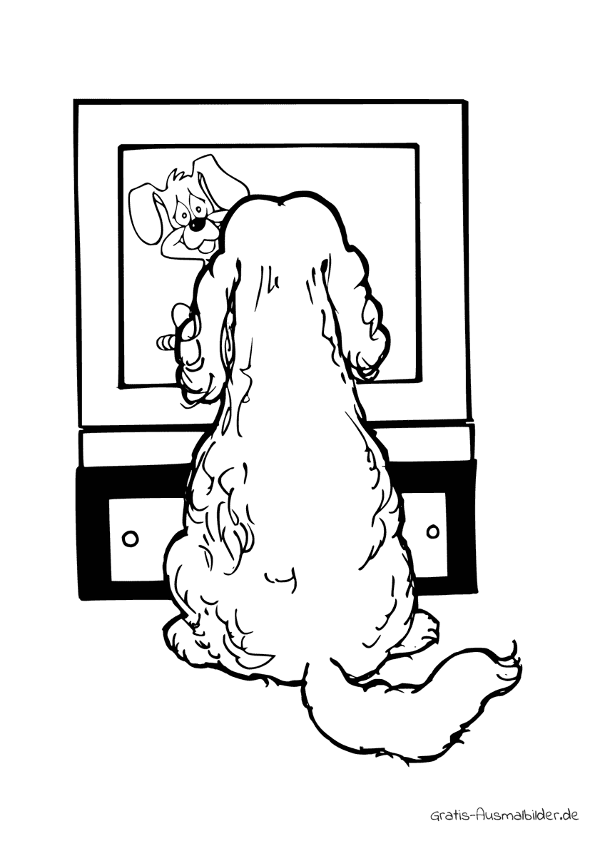 Ausmalbild Hund mit Fernseher