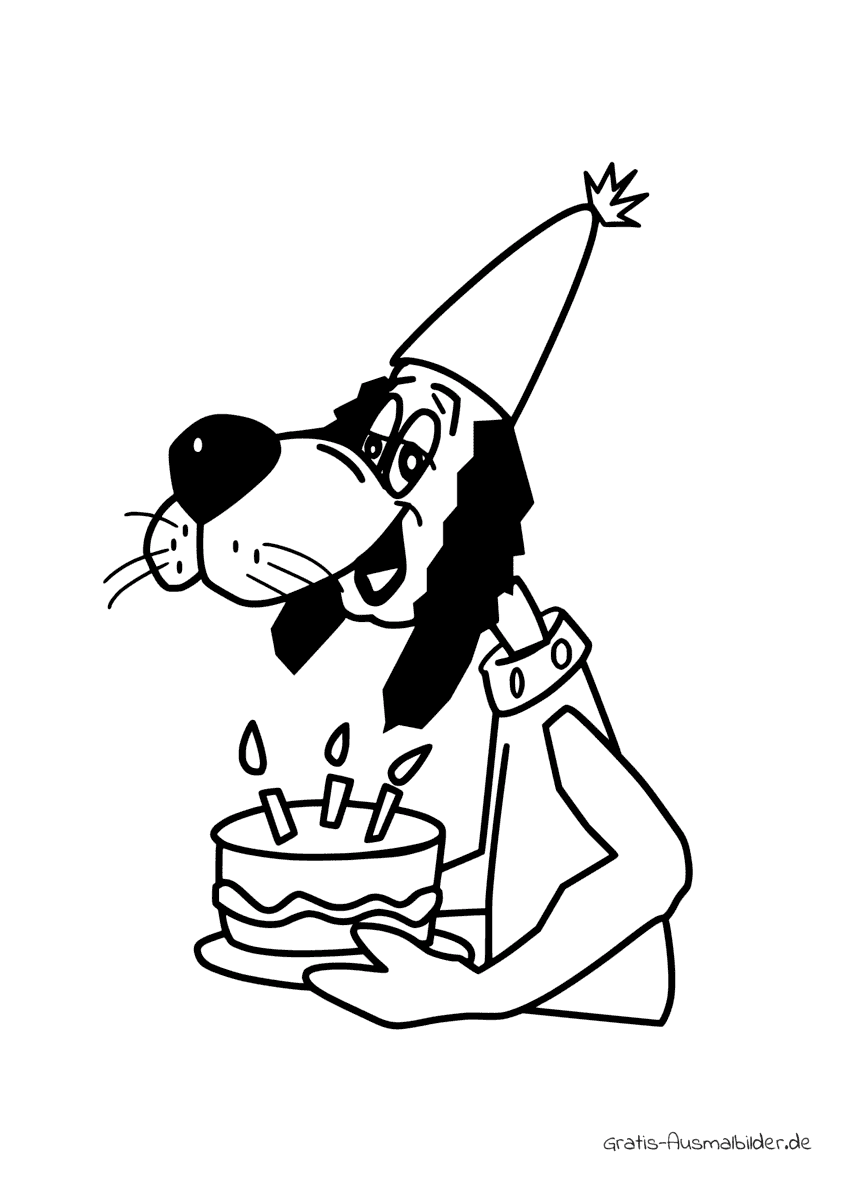 Ausmalbild Hund mit Geburtstagstorte