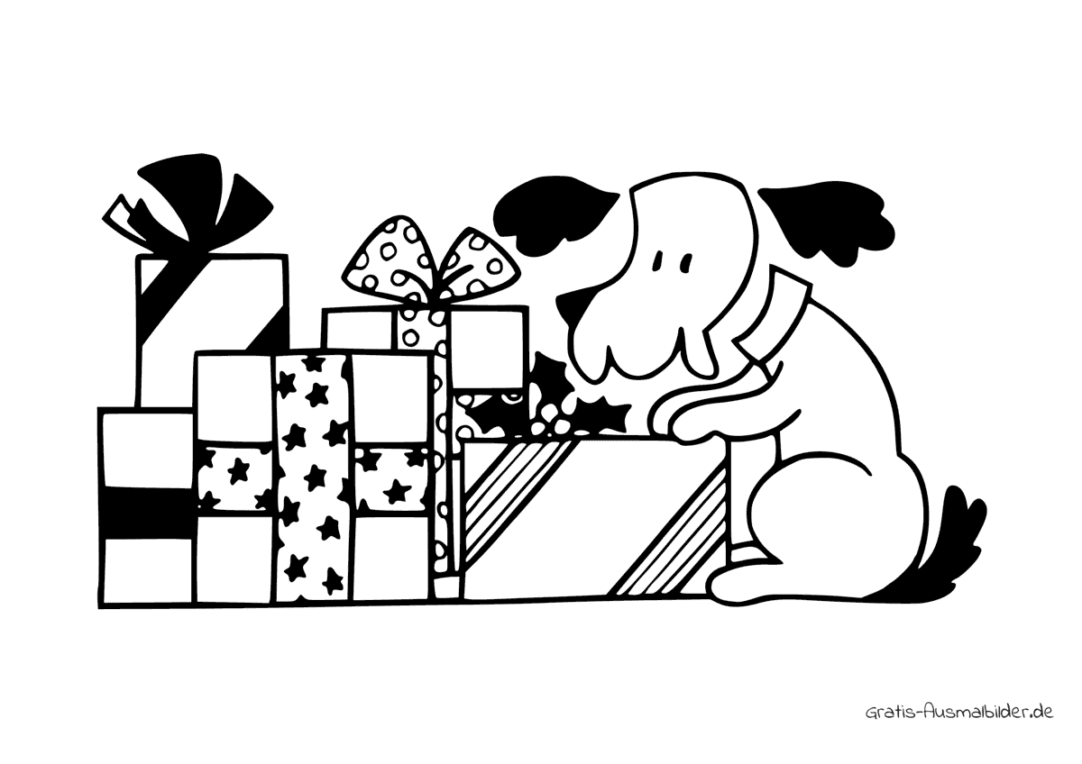 Ausmalbild Hund mit Geschenken