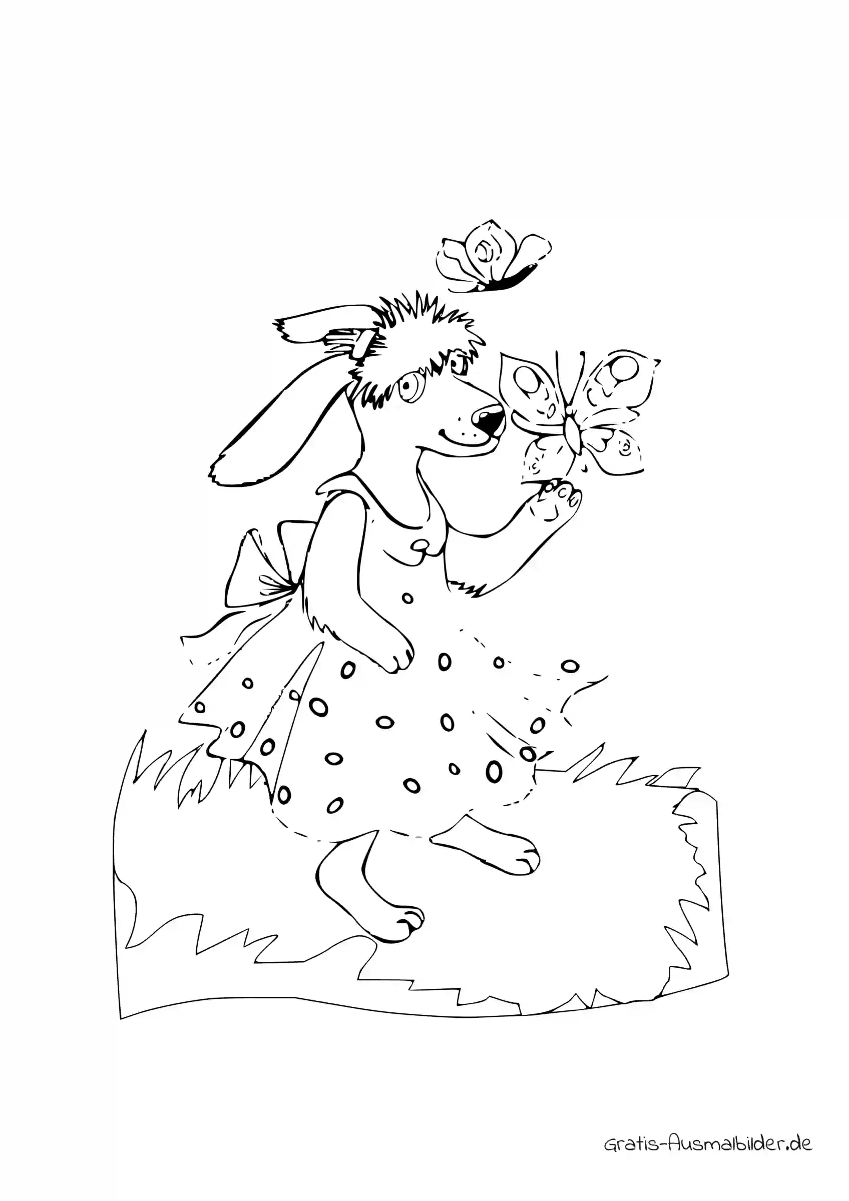 Ausmalbild Hund mit Kleid und Schmetterlingen