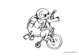 Ausmalbild Hund mit Rucksack auf Fahrrad