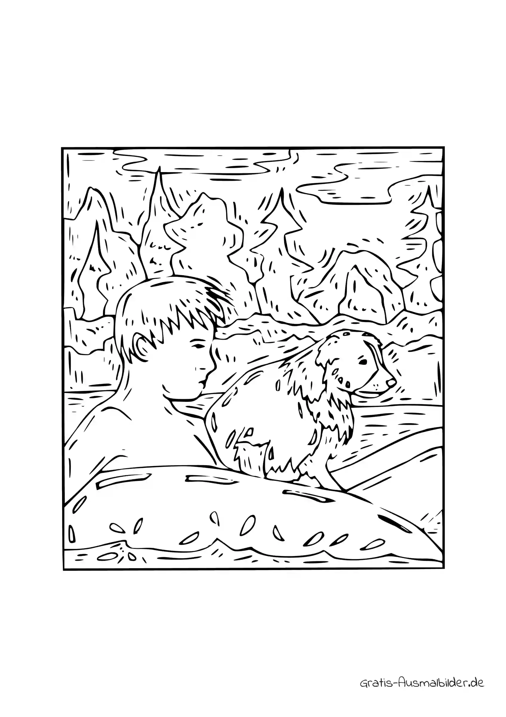 Ausmalbild Junge badet mit Hund