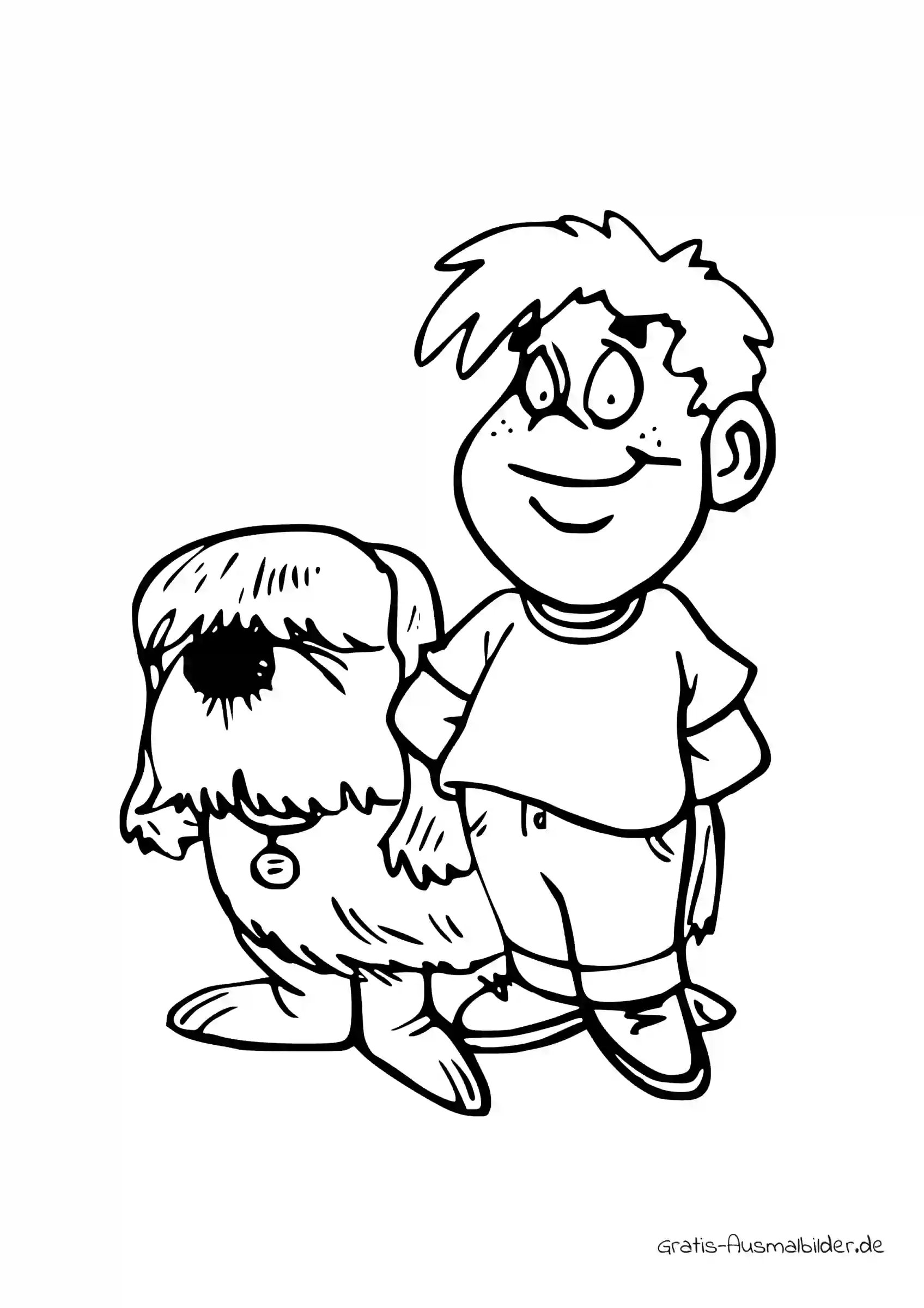 Ausmalbild Junge mit haarigem Hund