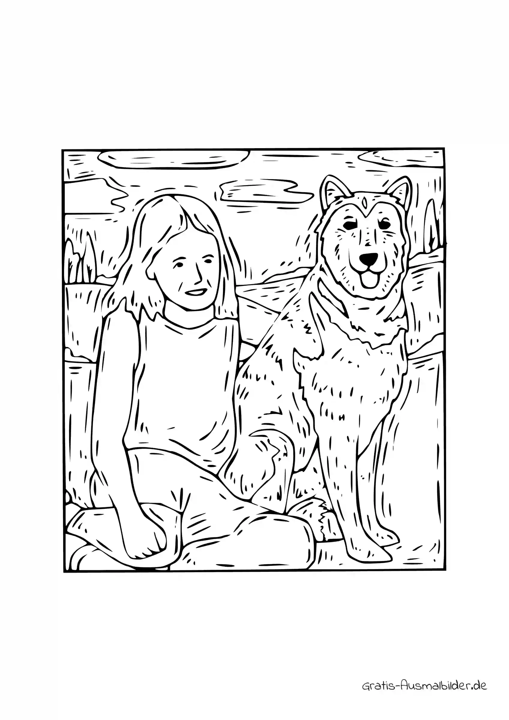 Ausmalbild Mädchen sitzt neben Hund